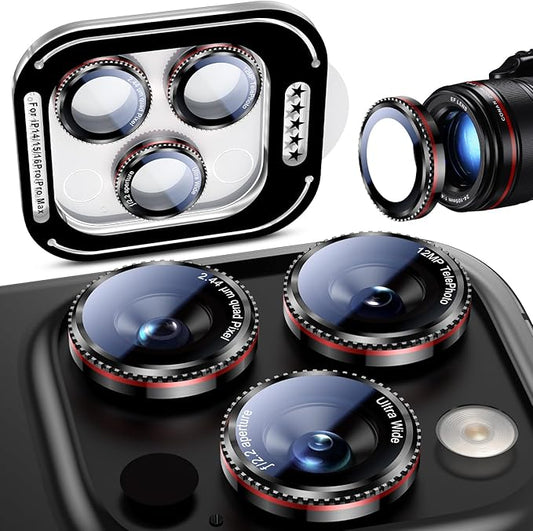 Uyiton for iPhone 17 Pro Max/17 Pro/16 Pro Max/16 Pro/15 Pro Max/15 Pro/14 Pro Max/14 Pro Camera Lens Protector - Military-Grade Tempered Glass Metal Camera Cover, Easy to Install, Gearwheel Black+Red