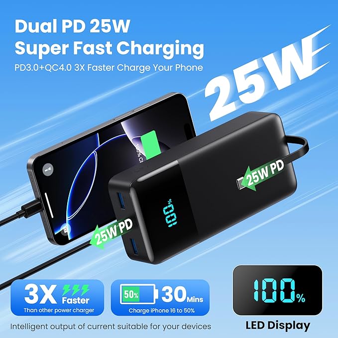 Portable Charger PowerBank 50,800mAh with 3 Built-in Cables,25W PD Fast Charging+QC 4.0 Quick Phone Charging Power Bank, 6 Outputs LCD Display USB C Battery Pack for iPhone 16/15 Android Galaxy etc