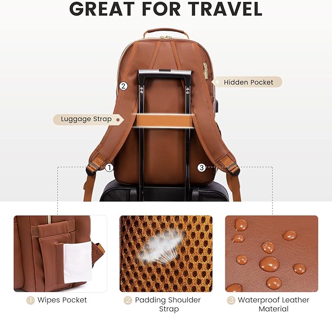 LOVEVOOK Laptop Backpack Purse for Women, Large Capacity Travel Computer Work Bag, Faux PU Leather Quilted Casual Nurse Backpack for Womens, Fit 15.6 Inch Laptop with USB Port, Brown