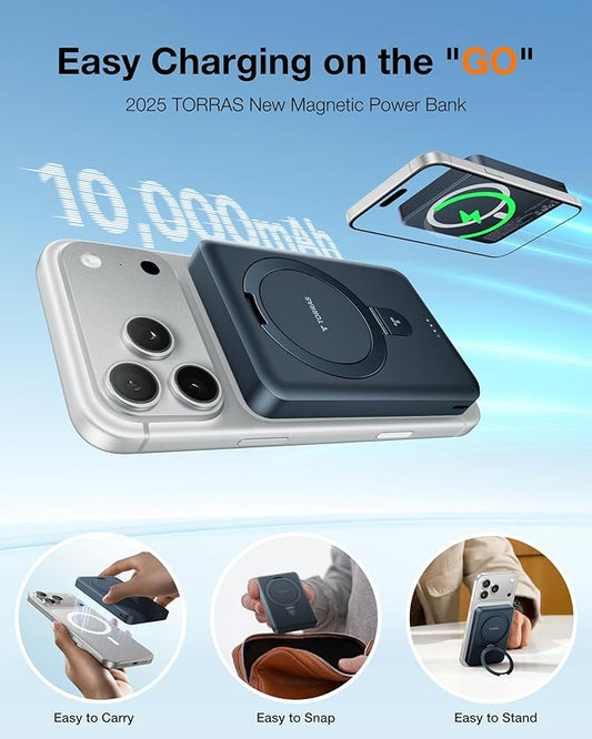TORRAS EasyGo 10000mAh Magnetic Portable Charger Power Bank for iPhone, Fast Charging Travel Essential Wireless Battery Pack with Stand Compatible with Magsafe, 17 Pro Max,Pro,16,15,14,13,12, Black