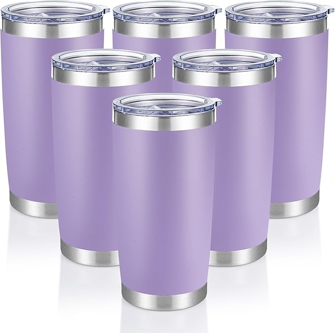 20 oz Tumblers Bulk Stainless Steel Tumbler with Lid Double Wall Vacuum Insulated Coffee Mug 20oz Powder Coated Cup for Hot and Cold Drinks, Purple, 6 pack