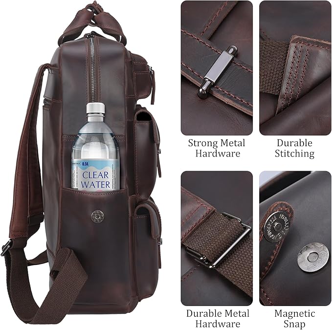 Polare Cowhide Leather Multiple Laptop Backpack Day pack Travel Bag Satchel with YKK Metal Zippers