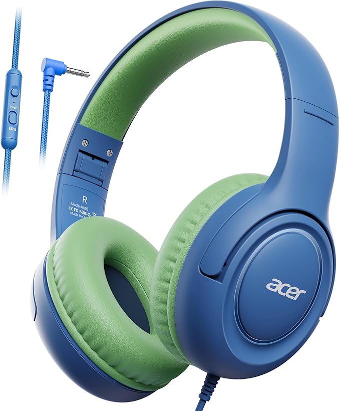 Kids Headphones Wired for School - Over-Ear 85/94dB Volume Limiter, 3.5mm Jack Foldable Stereo Sound Headset for Toddlers Girls Boys Travel Learning Entertainment Tablet Kindle iPad PC Blue Green