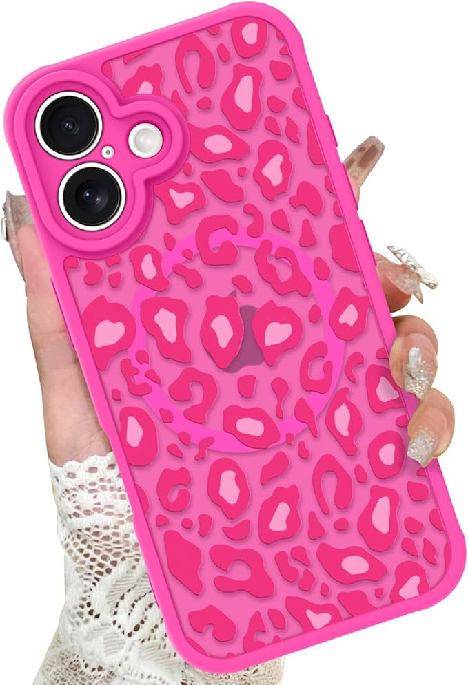 KANGHAR Case for iPhone 16 Plus Hot Pink Leopard Printed Pattern Cute Cheetah [Compatible with Magsafe] Protective Magnetic Case for Girls Women 6.7"