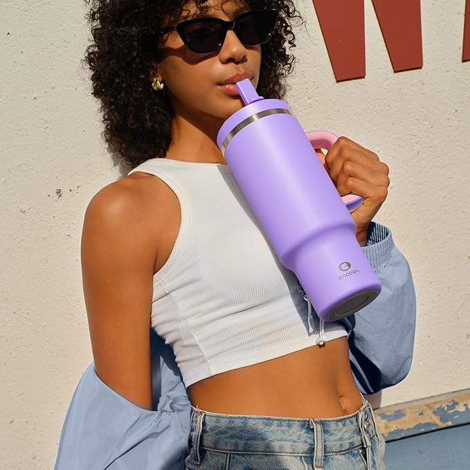 40 oz Tumbler with Handle and Straw: Stainless Steel Insulated Tumbler Keeps Cold for 24 Hours, Leakproof Travel Cup Fits in Cup Holder and BPA-Free, Mauve