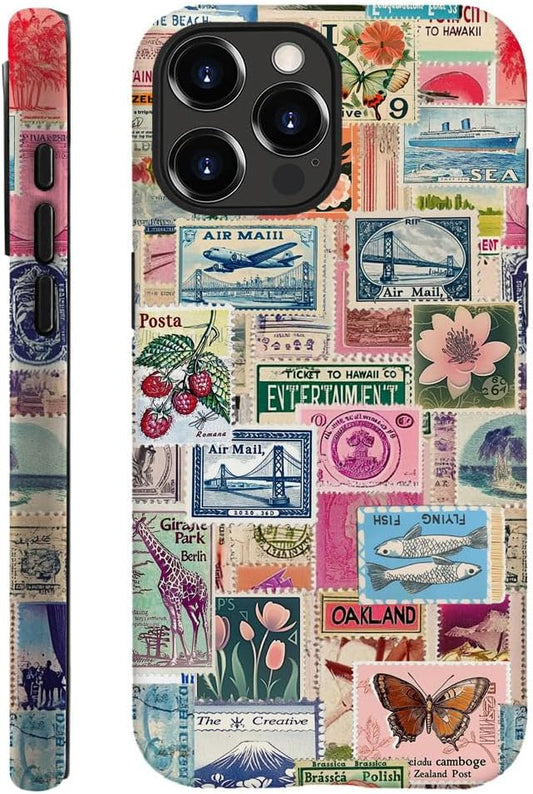 DAIZAG Case Compatible with iPhone 16 Pro,Fit Shockproof Cover for Women Girls,Retro Stamp Collage