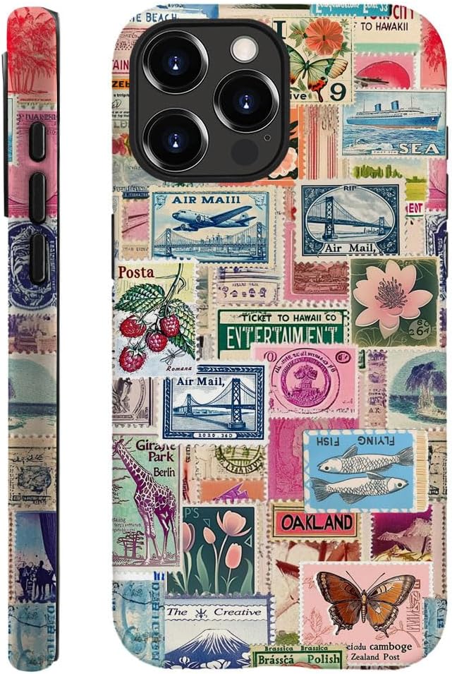 DAIZAG Case Compatible with iPhone 15 Pro,Fit Shockproof Cover for Women Girls,Retro Stamp Collage