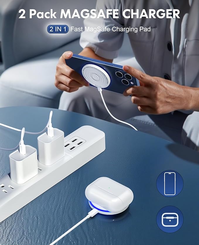 MagSafe Charger 2 Pack 15W Magnetic Wireless Charger Fast Charging Pad with 20W Adapter and 6FT Cables for iPhone 17/16/15/14/13/12 Series/AirPods 3/2/Pro Apple MagSafe Chargers for Travel/Office