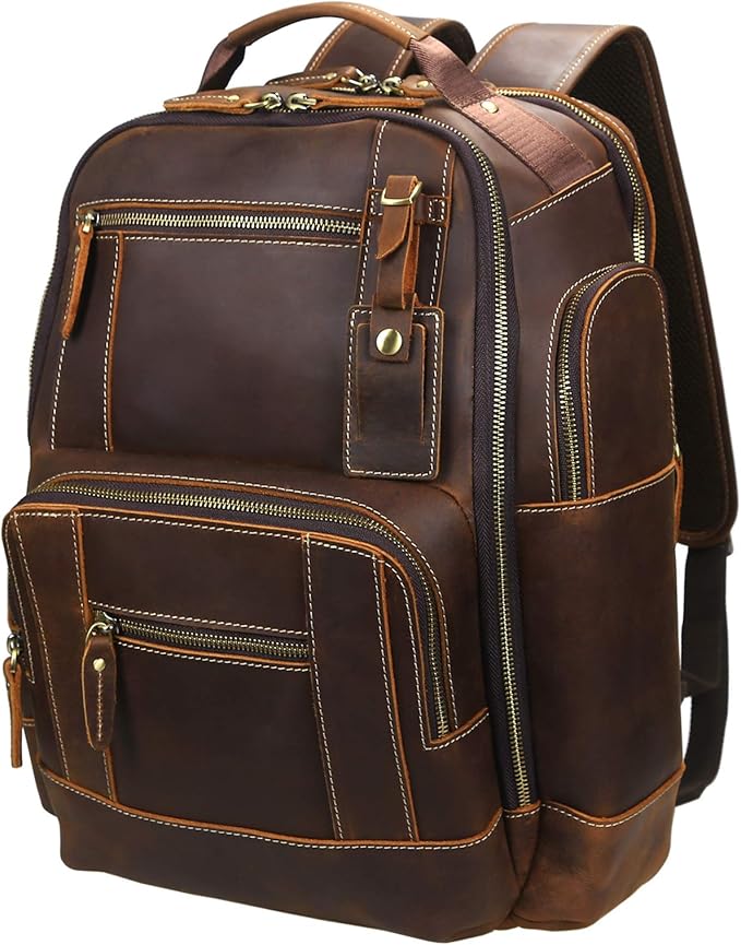 LANNSYNE Men's Vintage Full Grain Leather 15.6 Inch Laptop Backpack Camping Travel 24L Rucksack