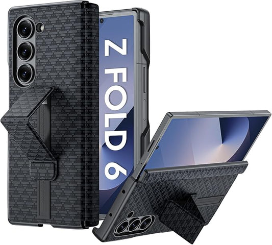 for Samsung Galaxy Z Fold 6 Case with Hand Strap & Kickstand & Hinge Protection, Ultra Slim Skin Feel Pattern Printing Full Body Shockproof Phone Case for Z Fold 6, No Screen Protector (Black)
