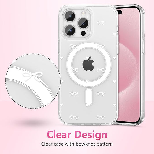 ZTOFERA for iPhone 13 Pro Max Magnetic Case Clear,Cute Love Heart Ribbon Bow Tie Aesthetic Phone Case,Transparent Trendy Slim Soft Shockproof Protective Phone Cover for Women Girls,White