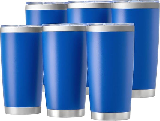 OMTech 20oz Tumblers Bulk, 6pc Stainless Steel Tumbler Set with Lid & Straw, Double Wall Vacuum Insulated Mug for Laser Engraver, Travel Coffee Mug for Hot & Cold Drinks, Navy Powder Coated Cup