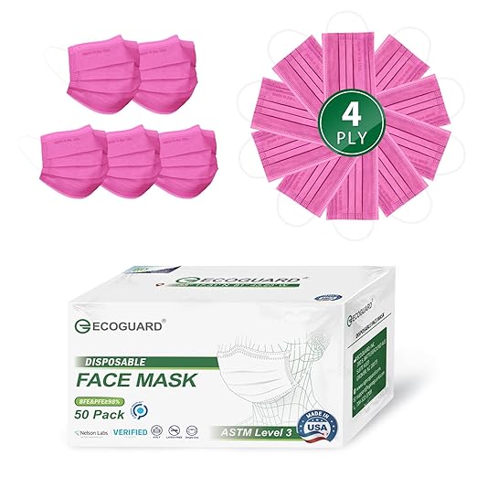 Disposable Face Masks Made in USA, 4 Ply for Families, Students, Breathable All-Day Wear & Safety, FSA HSA Eligible, ASTM Level 3 Medical Grade, 50 Pack, Rose Red