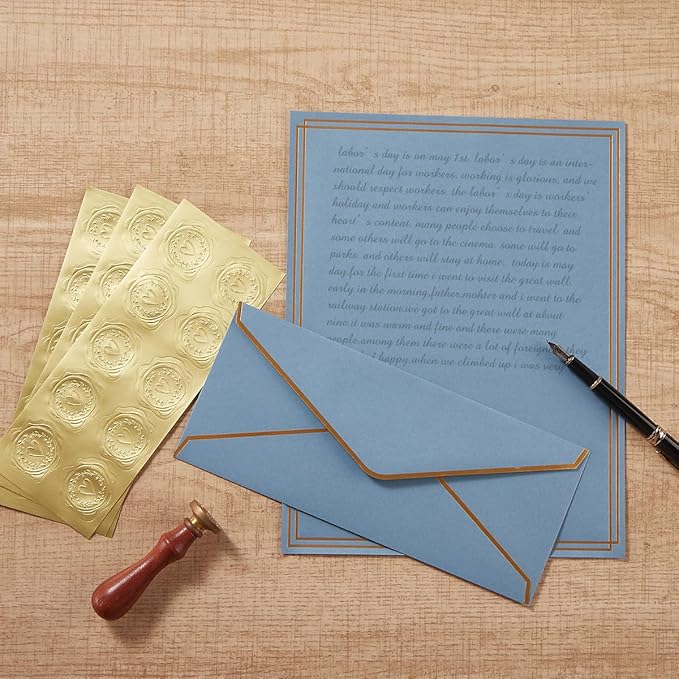 50 Pack Stationery Set with Gold Border, #10 Business Envelopes and 8.5x11 Paper Sheets and Stickers for Writing Letters (Dusty-Blue, 8.5x11 Inches)