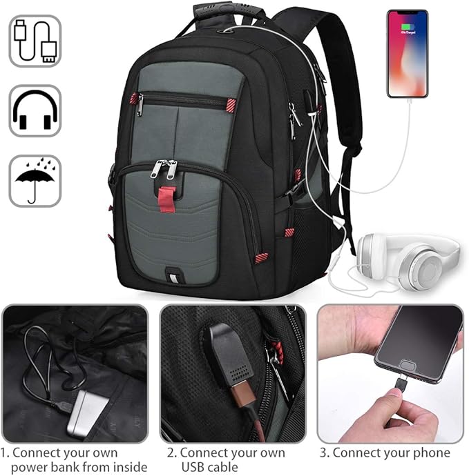 NUBILY Laptop Backpack 17 Inch Waterproof Extra Large TSA Travel Backpack Anti Theft College Business Mens Backpacks with USB Charging Port 17.3 Gaming Computer Backpack for Women Men 45 L Grey