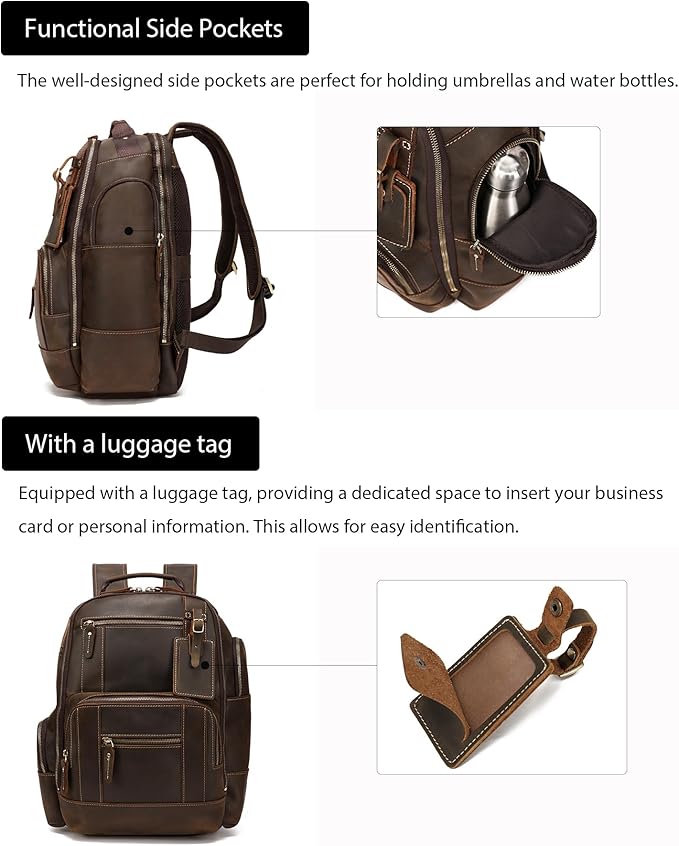 LANNSYNE Vintage Genuine Leather Backpack for men, 15.6" Laptop Backpack Travel Camping 24L Rucksack