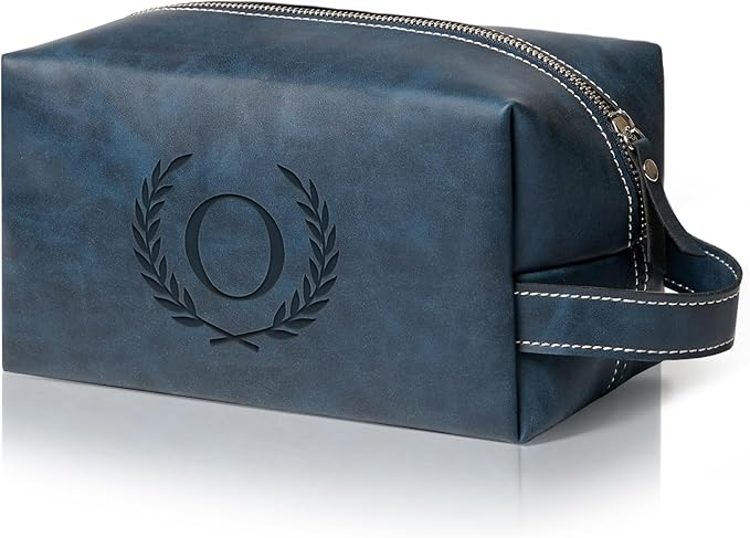 Personalized Gifts Travel Toiletry Bag for Men Engraved Initial PU Leather Waterproof Shaving Bag for Toiletries Accessories Fathers Day Birthday Gift for Men Dad Husband Son, Dark Blue O