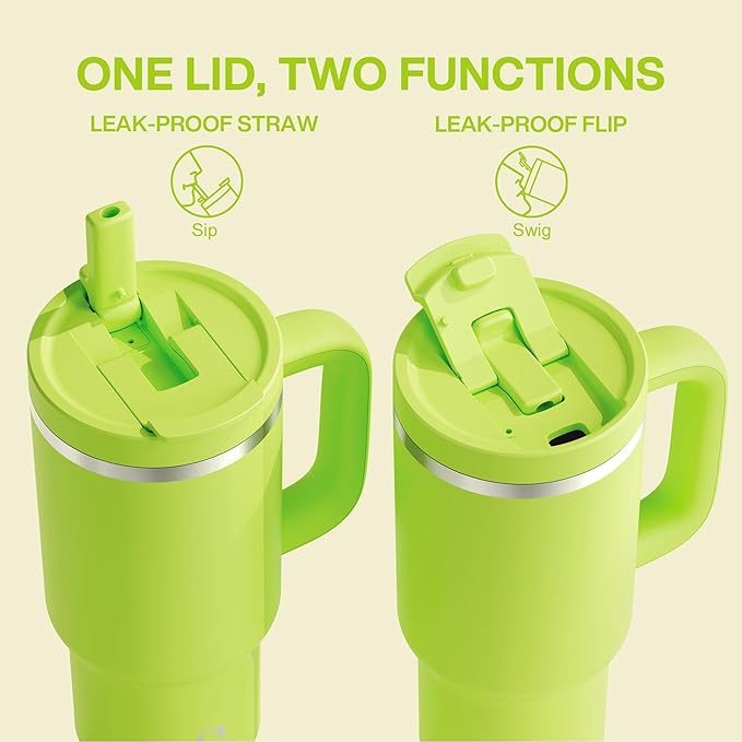 32 oz Tumbler with Handle and Straw: Stainless Steel Insulated Tumbler Keeps Cold for 24 Hours, Leakproof Travel Cup Fits in Cup Holder and BPA-Free, Sharp Green