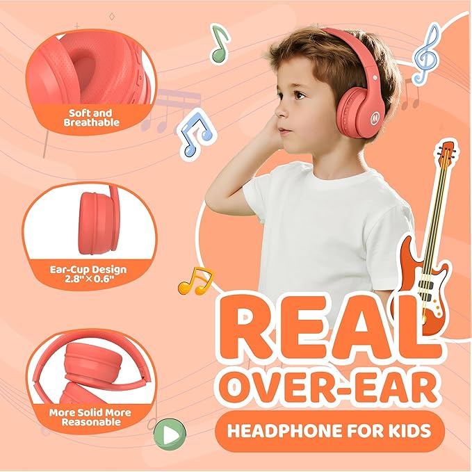 Headphones Kids Bluetooth 5.4 Wireless Play Time 68H Safe Volume Limit 85/94dB Over-Ear Foldable Headset,Fast Charging,with Aux Cord Built-in Mic for Toddler Child Pad Study Tablet Coral