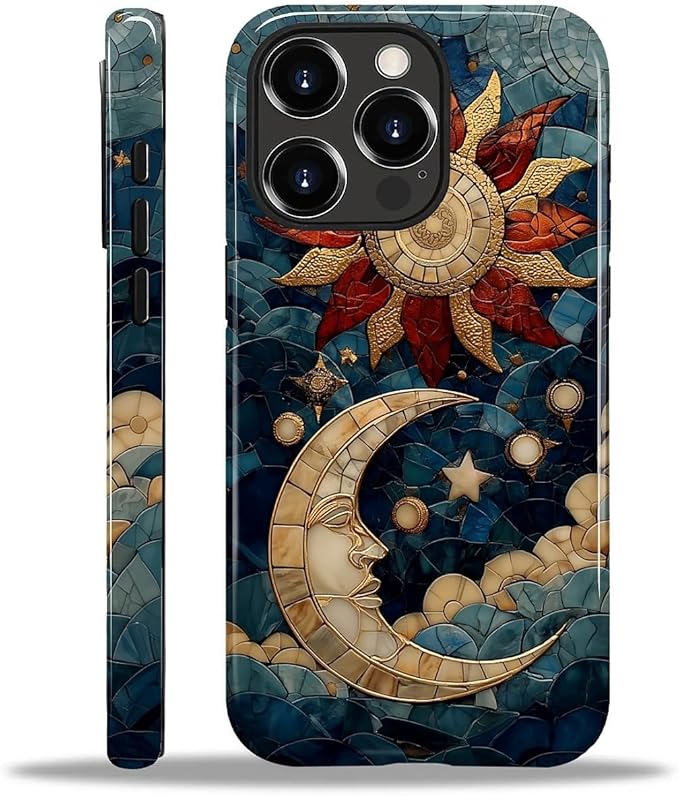 Case for iPhone 14 Pro Max Case,Sun Moon Stars Faux Stained Glass Design Hybrid Dual Protection Silicone + Hard PC Shockproof Full Body Cover,Slim Anti-Scratch Protective for Men Women