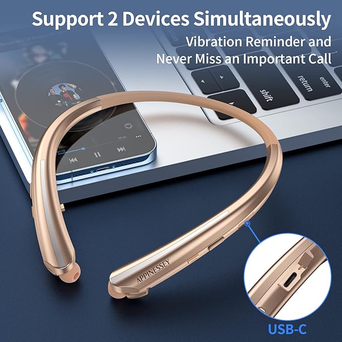 Retractable Neckband Bluetooth Headphones, Wireless Neck Headset with Bluetooth 5.1, 20H Playtime, Dual Device Pairing, Ultra-Light Retractable Earbuds for iPhone/Android with mic (Rose)