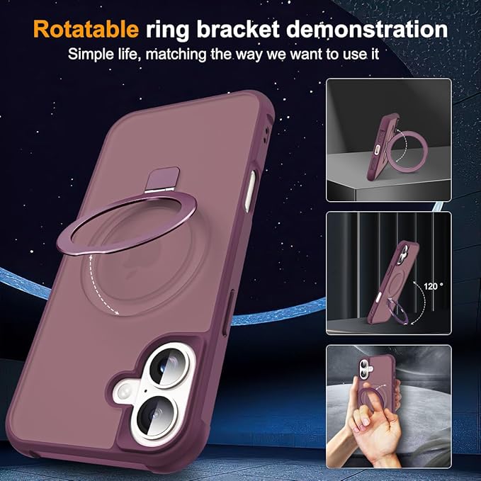 Compatible with iPhone 16 Case with Invisible Magnetic O-Ring Stand Military-Grade Translucent Case for iPhone 16 6.1" [Compatible with Mag-Safe][Great Grip Feeling], Wine Red