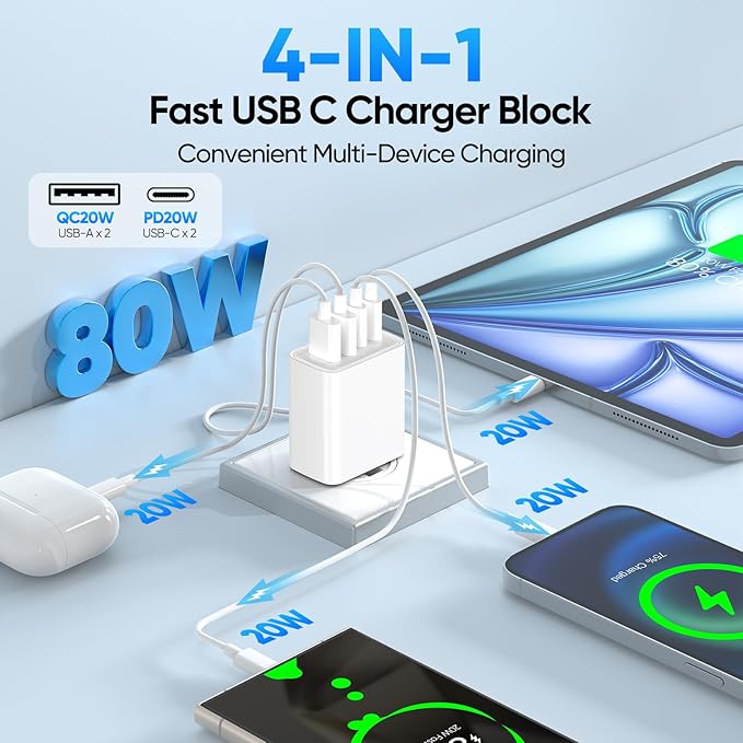 [2-Pack] USB C Wall Charger,80W 4-Port Type C Fast Charging Block,USBC Multiport Wall Plug PD&QC GaN Charging Cube with 6.6FT USB C Cable for iPhone 16/15/14/13/12/11/Pro Max/XS/XR, Samsung（White