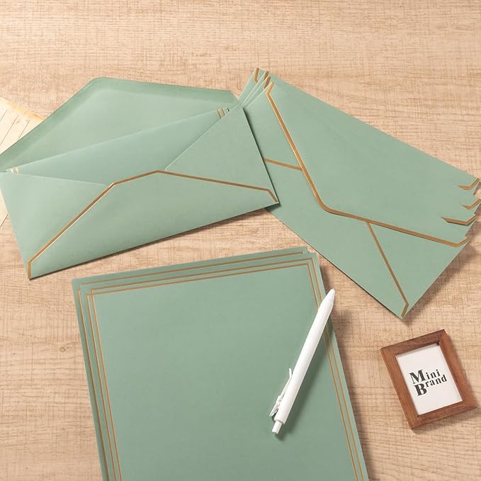 50 Pack Stationery Set with Gold Border, #10 Business Envelopes and 8.5x11 Paper Sheets and Stickers for Writing Letters (Sage-Green, 8.5x11 Inches)