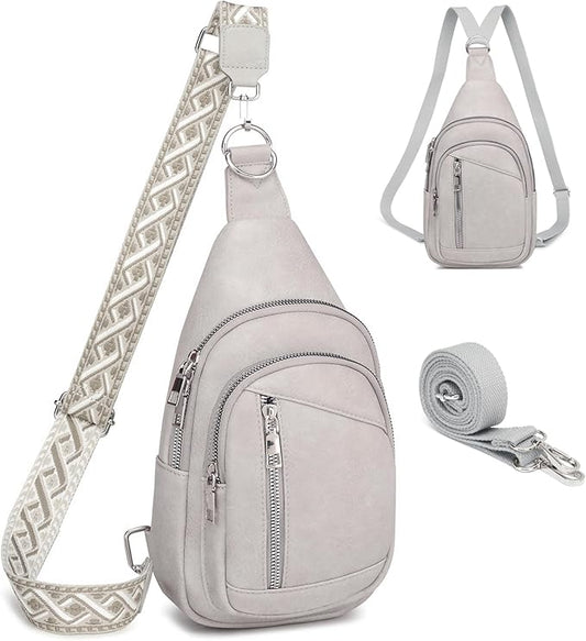 Sling Bag Crossbody Backpack - 2 in 1 Leather Cross Body Bag Fanny Pack with 2 Removable Straps