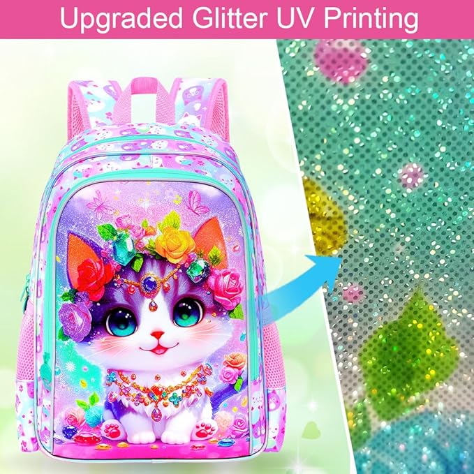 3Pcs Cat Backpack for Girls, 16" Kids School Backpacks with Lunch Box, Bookbag for Elementary Preschool Kindergarten(Pink)