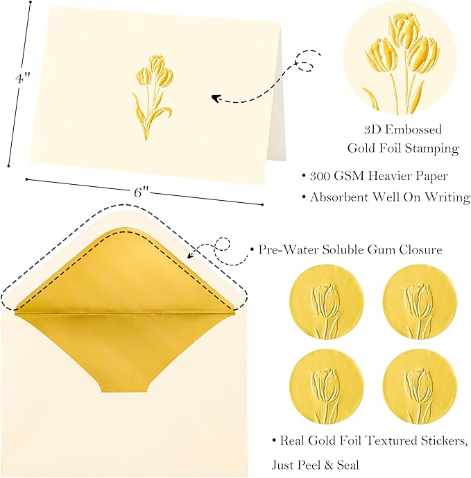 Crisky 50 Pack Blank Cards and Envelopes 4x6, Embossed Gold Foil Tulip Blank Greeting Cards Bulk for Wedding, Bridal Shower, Baby Shower, Birthday Party Decoration Favors