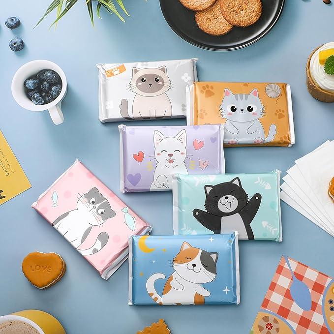 24 Packs Travel Size Tissue Pocket Slim Pack Facial 3 Ply Wallet Size Pocket Tissues for Travel Wedding Party Favors, 6 Styles(Cat)