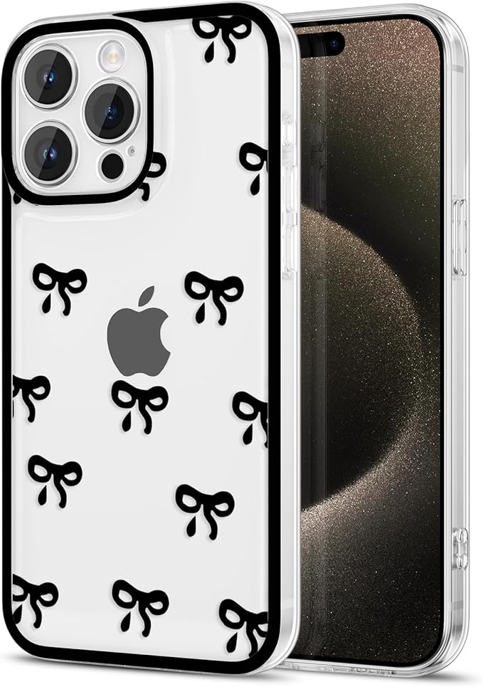 EYZUTAK Case for iPhone 14 Pro, Clear Cute Ribbon Bowknot Pattern Aesthetic Transparent Phone Case Raised Camera Protection Stylish Slim Soft Durable TPU Protective Cover for Women Girls - Black
