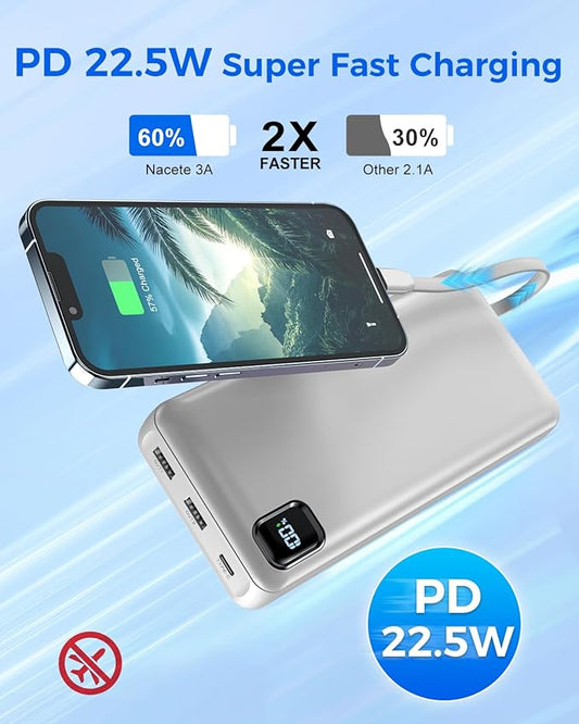 Portable Charger Power Bank 50000mAh Built-in Cables, PD 20W Fast Charging Large Capacity Battery Pack, 5 Output 2 Input LED Display Powerbank Compatible with Phone (White)