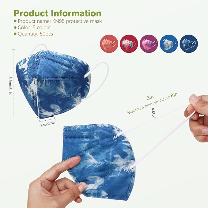 KN95 Face Masks 50 Pack 5-Ply Breathable Safety Respirator Multicolor Cup Dust Disposable KN95 Mask