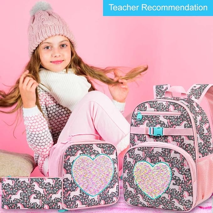 3pcs Unicorn Backpack, 16" Girls Sequin Bookbag with Lunch Box, Kids School Backpacks for Elementary Kindergarten Preschool(Pink)
