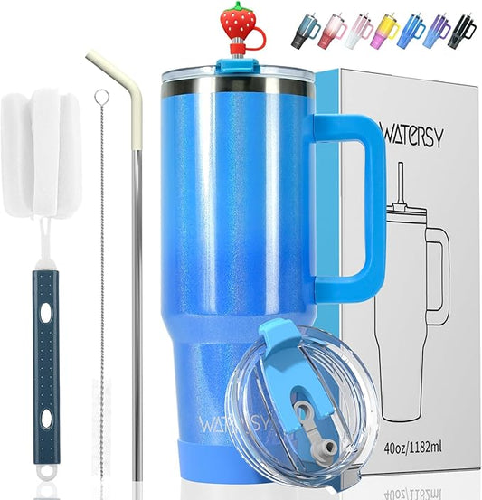 40 oz Shiny Tumbler with Handle and Straw,Stainless Steel Tumbler with Lid and Straw,Insulated Travel Mug(Cold for 34 Hours),Water Bottle for Iced Tea,Coffee (Blue)