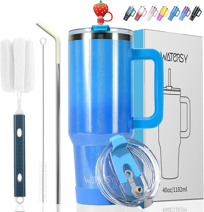 30 oz Shiny Tumbler with Handle and Straw,Stainless Steel Tumbler with Lid and Straw,Insulated Travel Mug(Cold for 34 Hours),Water Bottle for Iced Tea,Coffee (Blue)