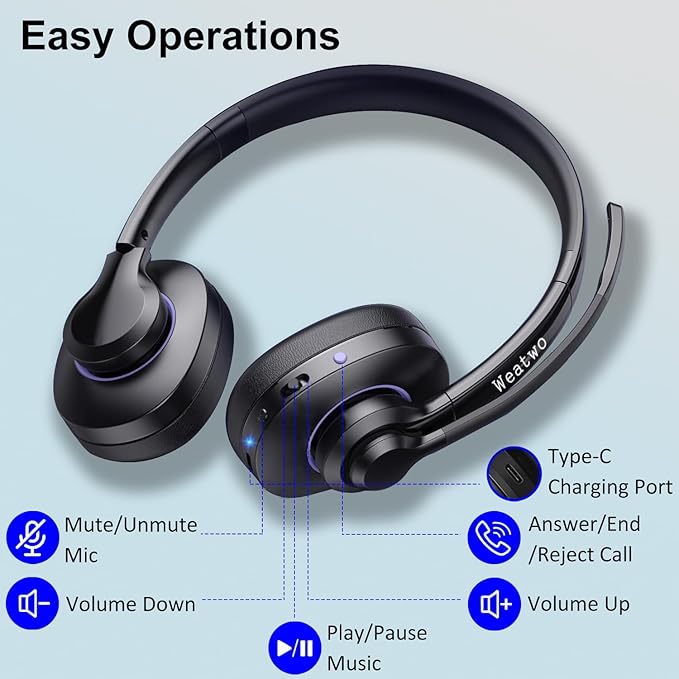 Bluetooth Headset with Noise Cancelling Microphone & Mic Mute, 30H+ Talking Time Wireless Headset V5.1 Bluetooth Headphone for Work/Ms Teams/Zoom/Cell Phone/Laptop/Call Center/Office/Home