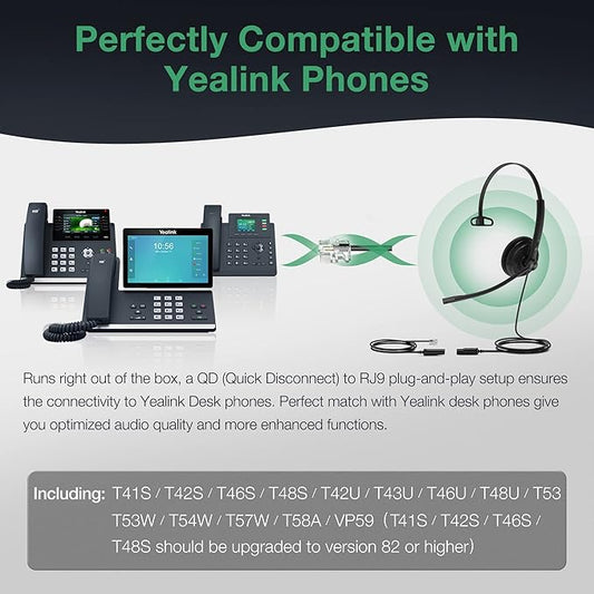 Yealink Phone Headsets for Office Phones YHS34 Lite QD to RJ9 Wired Headset Compatible with Poly Snom Grandstream Phones Desk Landline Headset with Microphone -Mono/72g/2.1m Cable