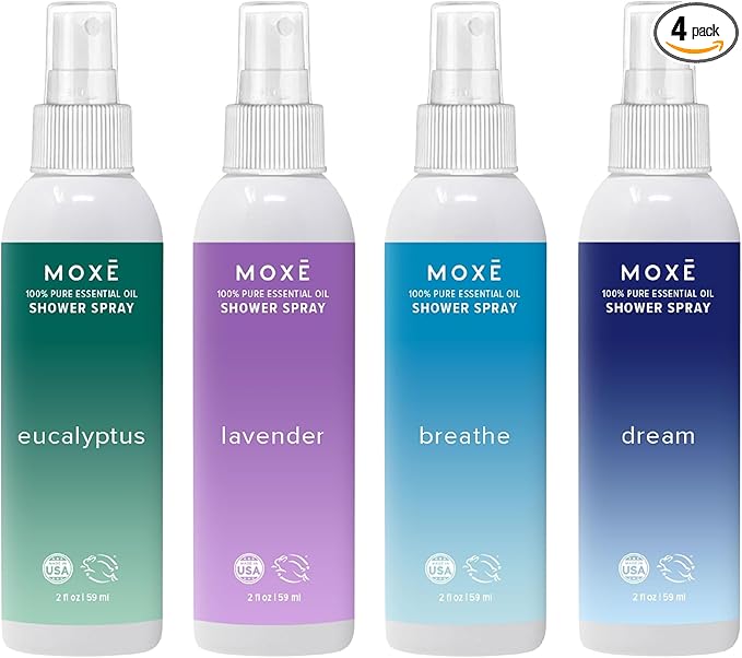 MOXE Aromatherapy Shower Mist Variety Pack, Eucalyptus, Lavender, Breathe and Dream, Spa Steam Spray, Natural 100% Essential Oils, Made in USA, Aromatherapy, Sinus Congestion Relief, 4 Pack (8oz)