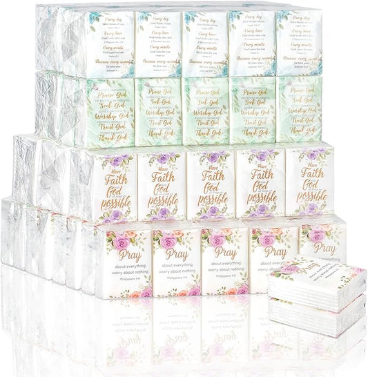 120 Pack Bible Theme Facial Tissues Individual Pack Bulk Christian Pocket Size Travel Kleenex with Floral Pattern for Holiday Graduation Ceremony Wedding Church Supplies 3 Ply