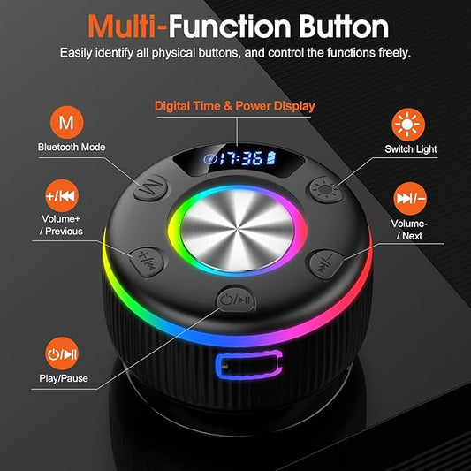 Bluetooth Shower Speaker, Portable Bluetooth 5.3 Speakers Wireless with Time Display, IP7 Waterproof Speakers with RGB Light, Suction Cup, Mini Stereo Speaker for Bathroom Party Beach Outdoor Gifts