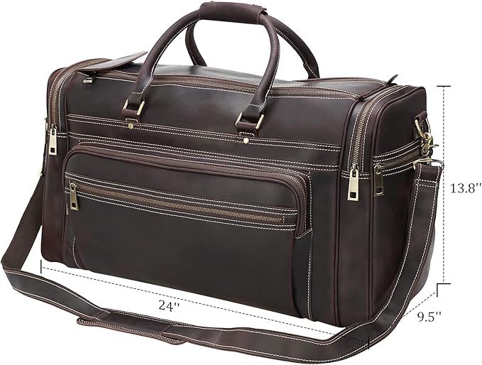 Polare 24" Retro Full Grain Leather Travel Overnight Luggage Weekender Duffel Bag with YKK Zippers