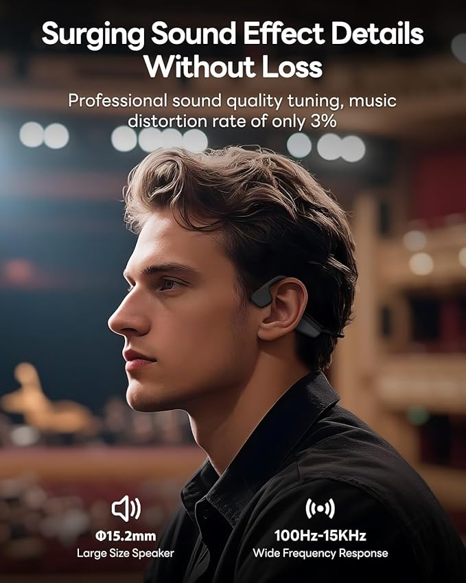 Bone Conduction Headphones, Open Ear Headphones Wireless Bluetooth, 15H Playtime, Dual Stereo Bass Technology, 27g Lightweight Wear, Call Noise Cancellation, IPX6 Waterpoof for Commuting, Walking