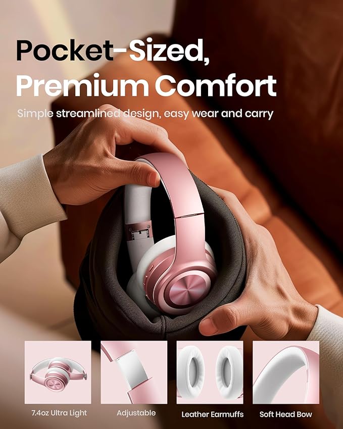 Picun Solo6 Wireless Bluetooth Headphones, 5EQ Music Mode, On-Ear Headphone with Built-in Microphone, Foldable Headset with 140H Battery Life, App Control for Girls, Home, School, Travel (Rose Gold)