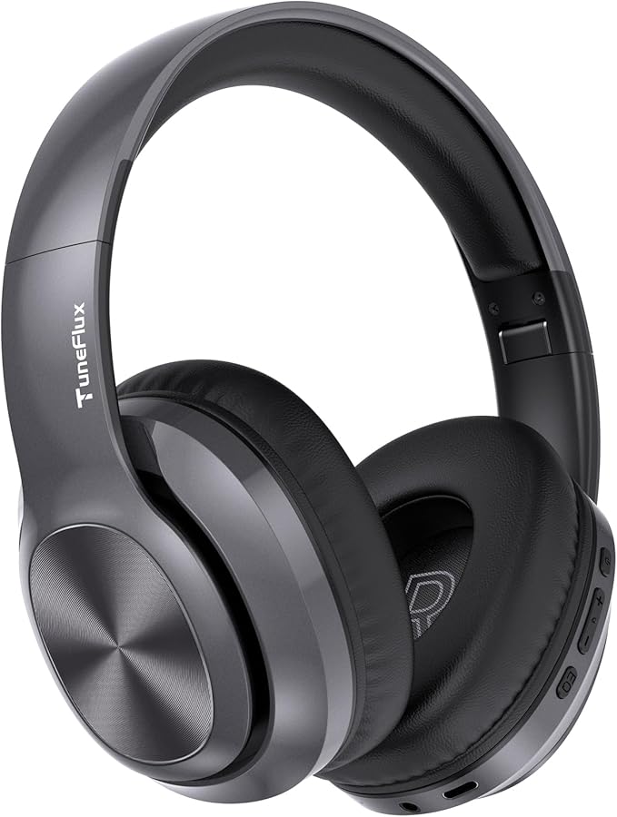 TuneFlux Wireless Bluetooth Headphones Over Ear, 80H Playtime, 3EQ Sound Modes, HiFi Stereo Headphones with Deep Bass, Foldable Bluetooth 5.3 Headsets for Smartphone/PC/Computer-Metallic