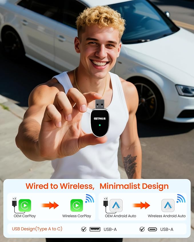 Mini 2-in-1 Wireless CarPlay & Android Auto Adapter GETPAIRR Mini 2, Dual WiFi 6 /Bluetooth 5.4, Auto-Reconnect, Stable Control and No Delay, Easy Setup for 98% OEM Wired Cars (2025 Upgrade)
