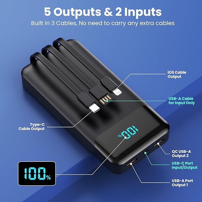 Portable Charger 40800mAh Power Bank with 3 Built-in Cable,25W PD USB C in&Out Power Bank Fast Phone Charging,QC4.0 LED Display Portable Battery Pack Compatible with iPhone 16/15, Galaxy Android-Black