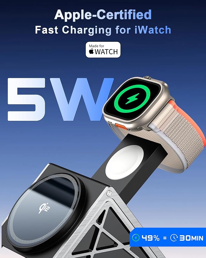 NANAMI Wireless Charging Station for Apple Watch, Qi2 Certified 3 in 1 15W Magnetic Wireless Charger Stand for iPhone 16/15/14/13/12 Series, AirPods 4/3/Pro/Pro 2, [Certified] Apple Watch Charger